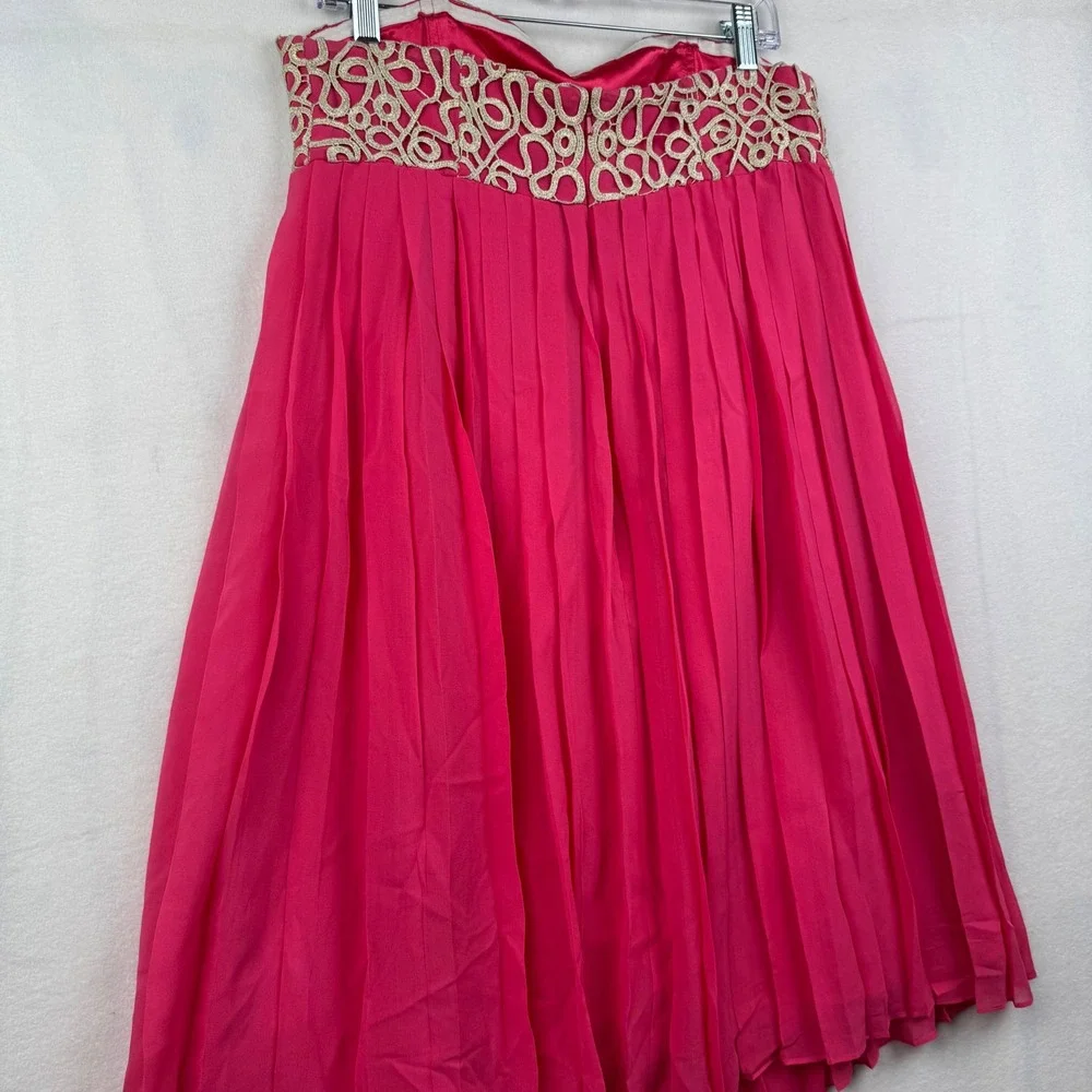 Lilly Pulitzer Pink‎ Pleated Skirt Gold Lace Trim Sweetheart Strapless Dressy 10 - Picture 5 of 7